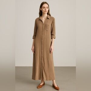 Free People Cotton Tan Button-Front Maxi Shirt Dress Size S